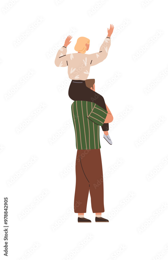 A father carries his young child on his shoulders with both hands raised in joy. Ideal for themes of fatherhood, family bonding, childhood fun, supportive relationships, and happy memories. Simple A father carries his young child on his shoulders with both hands raised in joy. Ideal for themes of fatherhood, family bonding, childhood fun, supportive relationships, and happy memories. Simple