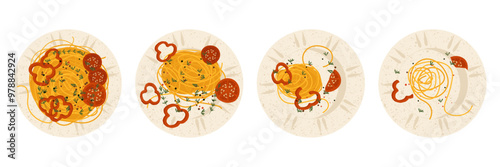 Empty pasta dish. Cartoon spaghetti and macaroni with tomato sauce on plate, traditional italian food for lunch. Vector meal sequence.eps