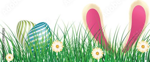 Vector illustration of bunny ears and easter eggs hidden in floral grass on white background.