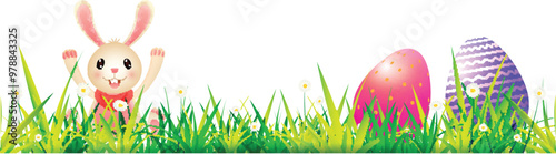 Easter Festival Background with Cute Bunny Character, Colorful Eggs Hidden in Green Grass Field.