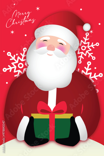 Smiling sata clause holding gift box in winter holiday scene. Merry christmas greeting vector illustration.