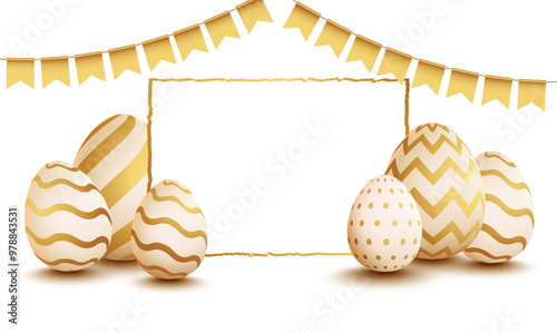 Realistic Golden Easter Eggs with Blank Frame and Bunting Flags Decorated Background, Can Be Used as Greeting Card.