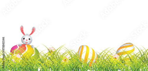 Cute Bunny Character Enjoys with Easter Eggs, Flowers on Greenery Grass Background and Copy Space.