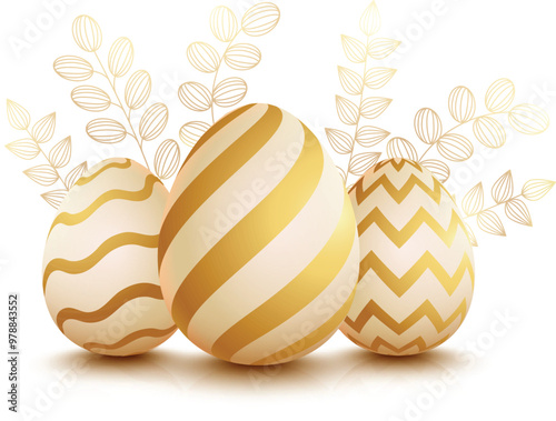 Realistic Golden Easter Eggs with Line Art Leaves on White Background.