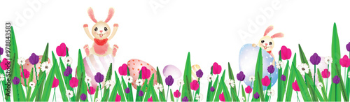 Cute Bunnies Characters Enjoys with Colorful Easter Eggs on Floral Garden View.