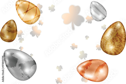 Realistic Colorful Printed Easter Eggs and Shamrock Leaves Decorated Background with Copy Space.