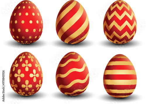Set of 3D Easter Eggs Elements in Red and Golden Color.