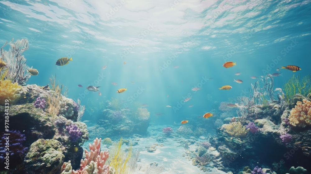 A peaceful underwater view of the ocean, showcasing colorful fish swimming among coral reefs in a natural, outdoor environment. A peaceful underwater view of the ocean, showcasing colorful fish swimming among coral reefs in a natural, outdoor environment.