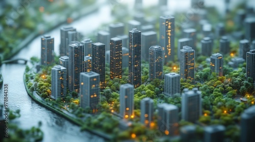 A detailed 3D representation of a contemporary city, highlighting sleek glass and concrete structures, green parks, and proximity to a flowing river, emphasizing modern urban design.