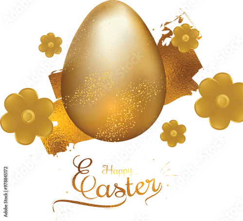 Happy Easter Celebration Poster Design with Golden Egg, Flowers Decorated Background.