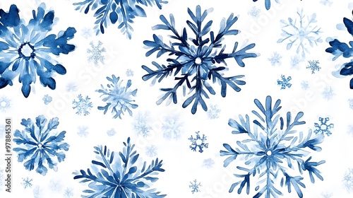 Intricately Detailed Watercolor Snowflake Patterns with Crystal-like Designs on White Background