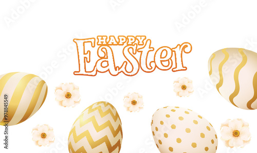 Happy Easter Poster Design with Realistic Printed Eggs and Flowers Decorated on White Background.