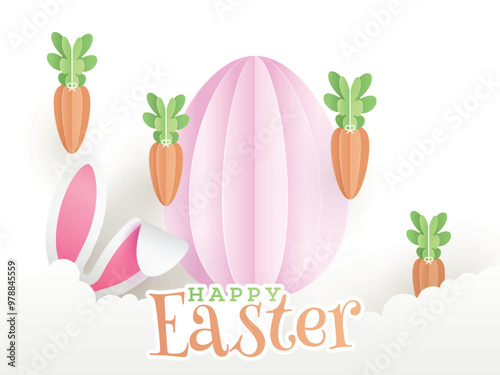 Paper Style Happy Easter Greeting Card with Bunny Ear, Pink Egg, Carrot Decorated on Cloudy Background.