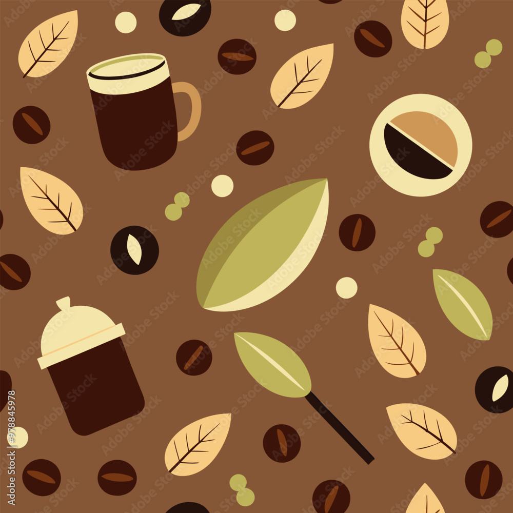 Obraz premium Hot coffee drink abstract geometric pattern. Geometrical shape composition, retro vector background or corporate identity abstract pattern with coffee bean, leaf, turkish jezve, takeaway paper cup