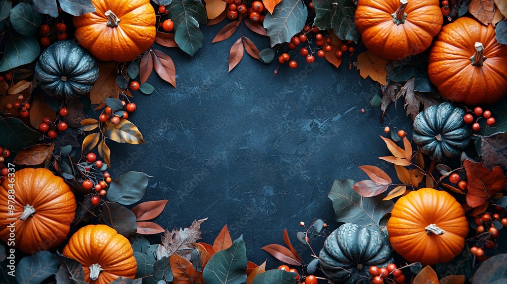 Autumn harvest arrangement with vibrant pumpkins and foliage, perfect for Thanksgiving and Halloween festivities. Ample copy space for text. Autumn harvest arrangement with vibrant pumpkins and foliage, perfect for Thanksgiving and Halloween festivities. Ample copy space for text.