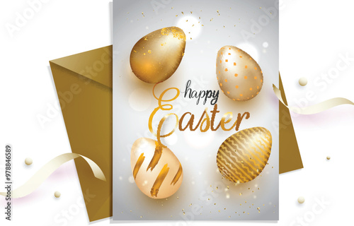 Happy Easter Greeting Card Decorated with Golden Eggs and Envelope Illustration.