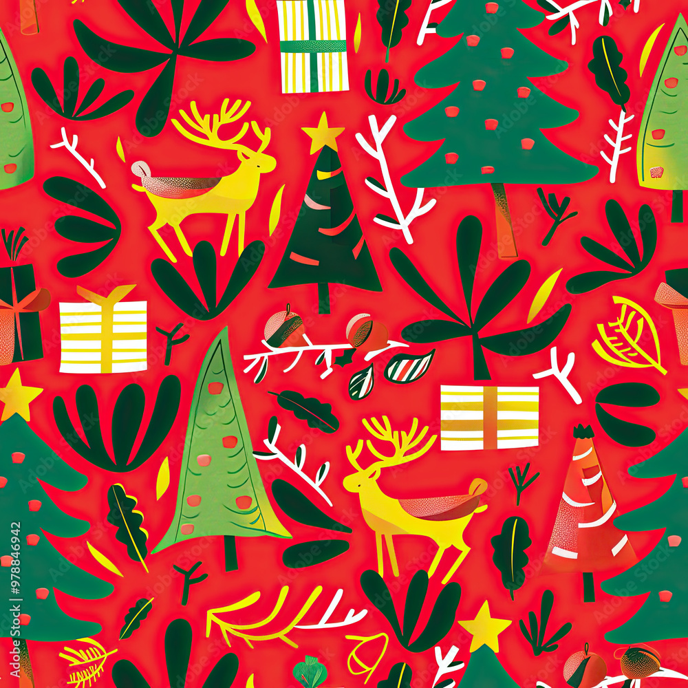 Festive Holiday Design: Oversized Christmas Trees, Presents, and Reindeer on Red Background Festive Holiday Design: Oversized Christmas Trees, Presents, and Reindeer on Red Background