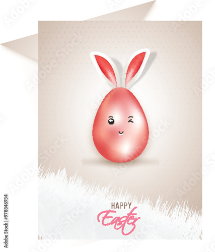 Happy Easter Greeting Card with Cute Egg Face Wear Bunny Ear and Envelope Illustration.