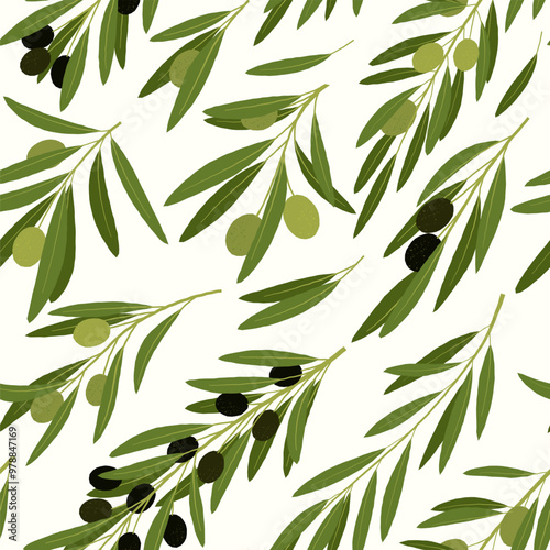 Olives pattern. Seamless print of green olive botanical mediterranean fruit branches, organic vegan vegetable nourishment. Vector texture.eps