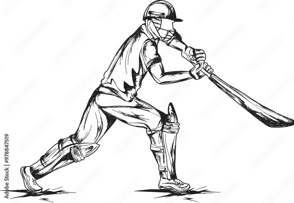 Fototapeta premium Sketching illustration of cricket batter player in playing pose.