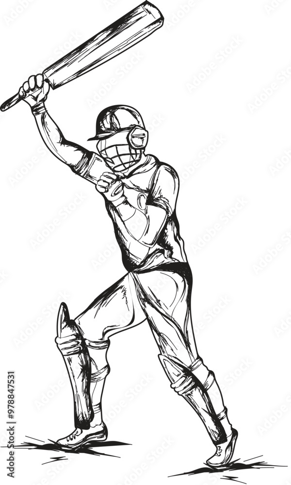 Fototapeta premium Sketching illustration of cricket batsman raised his hands with a bat.