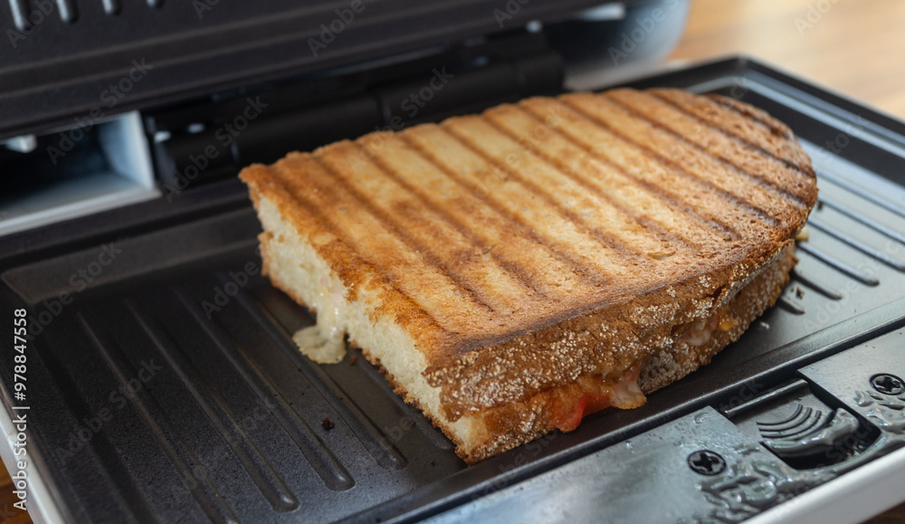 The sandwich is toasted on an electric grill. Hot sandwich The sandwich is toasted on an electric grill. Hot sandwich