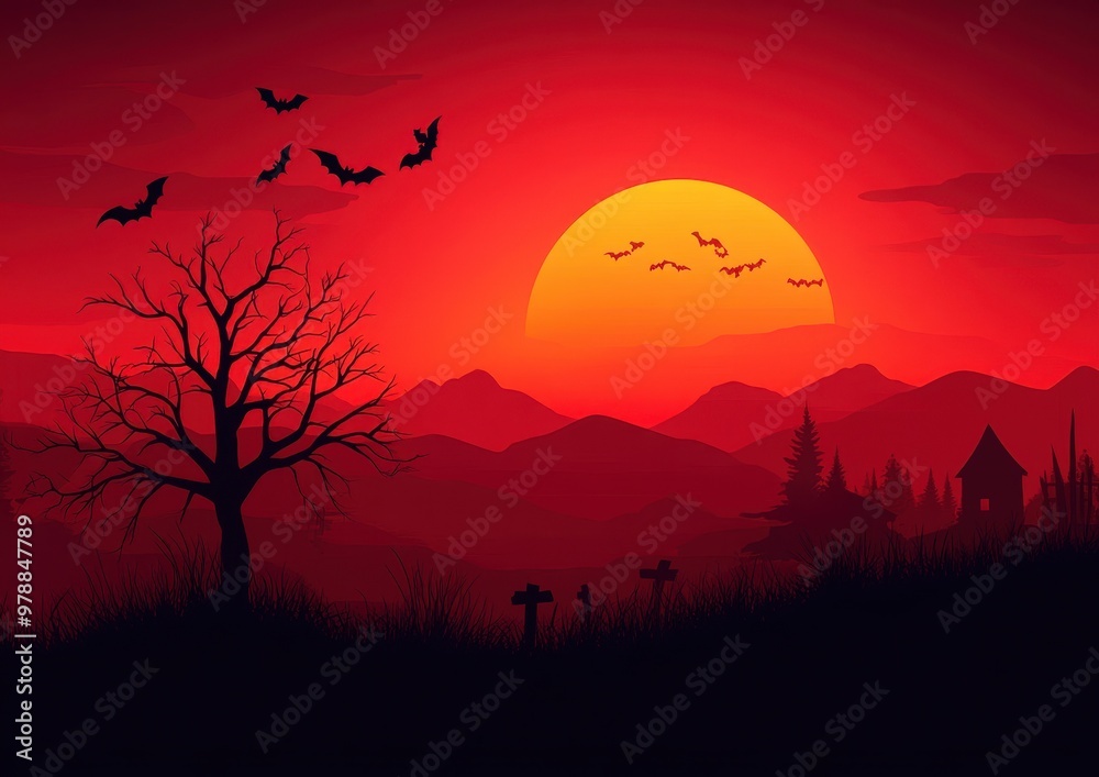Dramatic moody sunset landscape with silhouetted mountain peaks bare tree and flying bats against a fiery orange and red sky  Evokes a sense of mystery horror and the supernatural