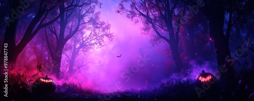 Enchanting autumn dusk in a haunted forest with towering trees glowing carved pumpkins and silhouetted bats against a dramatic purple and pink sky This mystical moody landscape creates a spooky