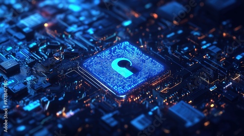 A digital lock icon representing secure data protection in a high-tech cybersecurity setup