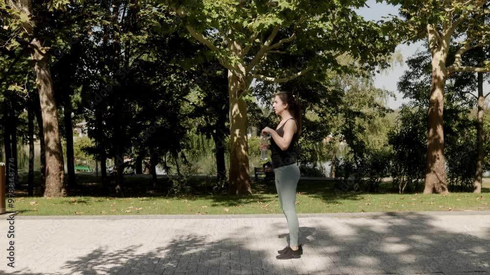 White woman takes a water break after fitness training in the park on a sunny day. White woman takes a water break after fitness training in the park on a sunny day.