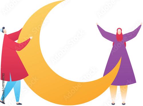 Cartoon Happy Muslim Man and Woman with Crescent Moon Vector Illustration.