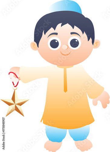 Cute Cartoon Islamic Boy Holding Golden Star Vector Illustration.