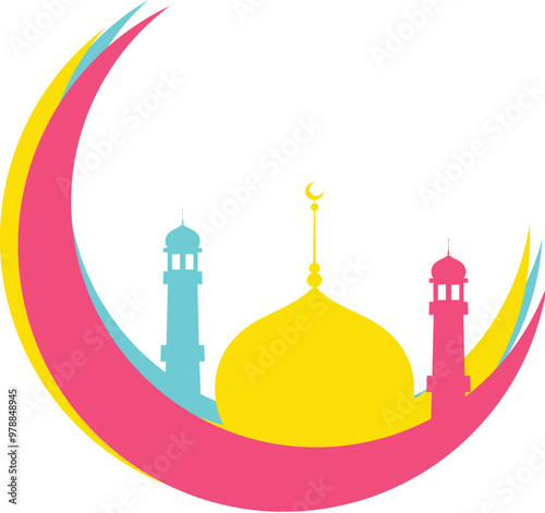 Colorful mosque with crescent moon flat icon.