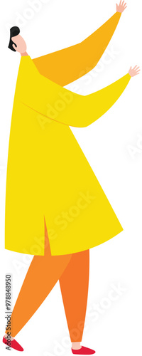 Cartoon Happy Muslim Man Dancing in Yellow Ethnic Wear Vector Illustration.