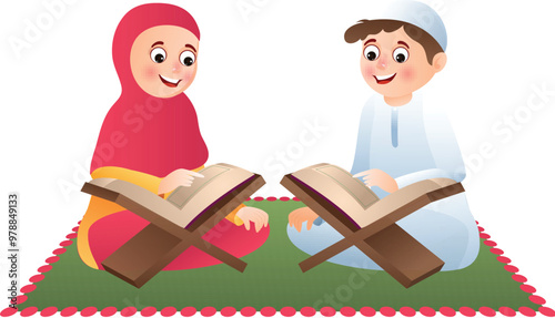 Cute cartoon muslim children reading holy book quran vector illustration.
