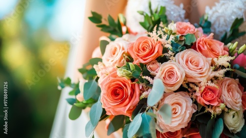 Exquisite floral bouquet with lush pink roses soft peonies and delicate greenery against a blurred natural backdrop The romantic feminine arrangement is perfect for weddings events