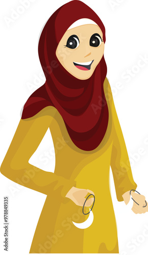 Cartoon Happy Muslim Woman  Wearing Red Veiled Vector Illustration.