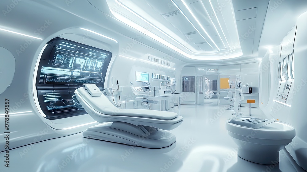 A futuristic medical facility with advanced devices, a sterile white environment, and sleek, modern design, showcasing