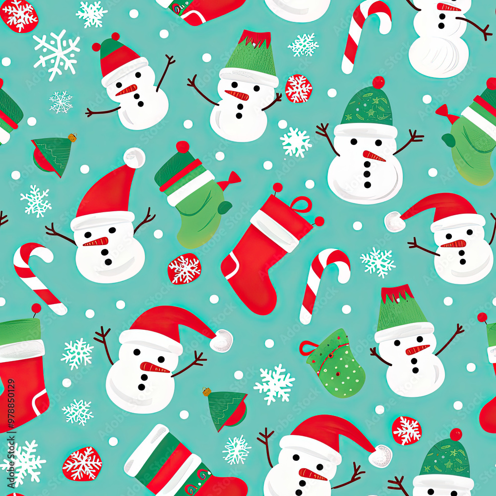 Cheerful Christmas Design Featuring Snowmen, Santa Hats, and Stockings in Bright Colors