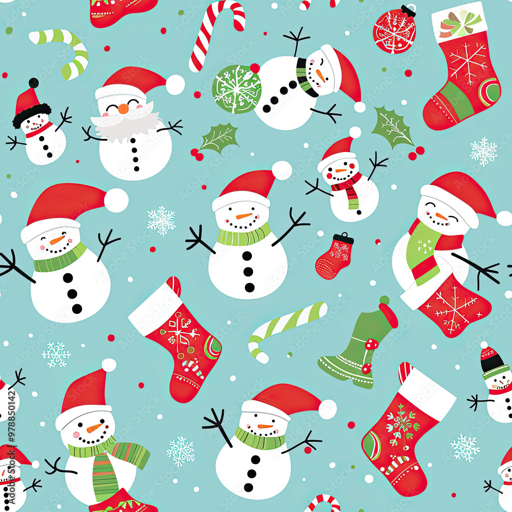 Festive Holiday Pattern with Snowmen, Stockings, and Santa Hats on a Fun Light Blue Background Festive Holiday Pattern with Snowmen, Stockings, and Santa Hats on a Fun Light Blue Background