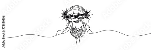 Single line vector image on white background. Jesus in a wreath of thorns with lowered head