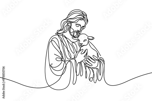 Single line vector image on white background. Portrait of Jesus with a lamb in his arms