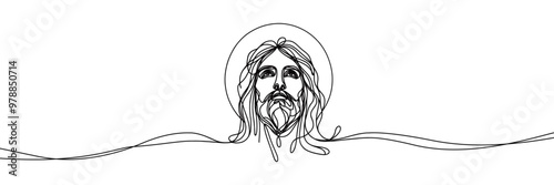 Single line vector image on white background. Portrait of Jesus with raised head