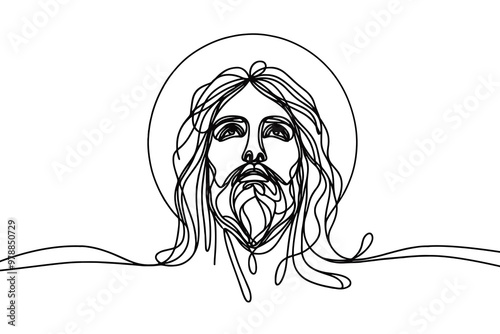 Single line vector image on white background. Portrait of Jesus with raised head