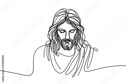 Single line vector image on white background. Portrait of Jesus with lowered head