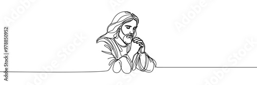 Single line vector image on white background. Portrait of Jesus praying