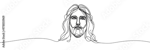 Single line vector image on white background. Portrait of Jesus with raised head