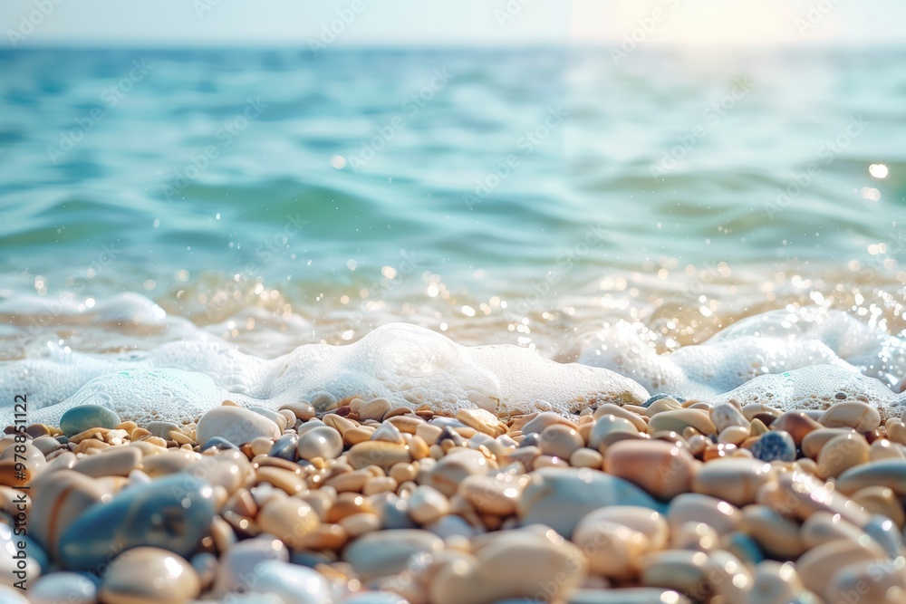 Tranquil coastal scene with smooth pebbles, gentle waves, clear sky, showcasing serenity and natural beauty, peaceful ocean shore concept Tranquil coastal scene with smooth pebbles, gentle waves, clear sky, showcasing serenity and natural beauty, peaceful ocean shore concept