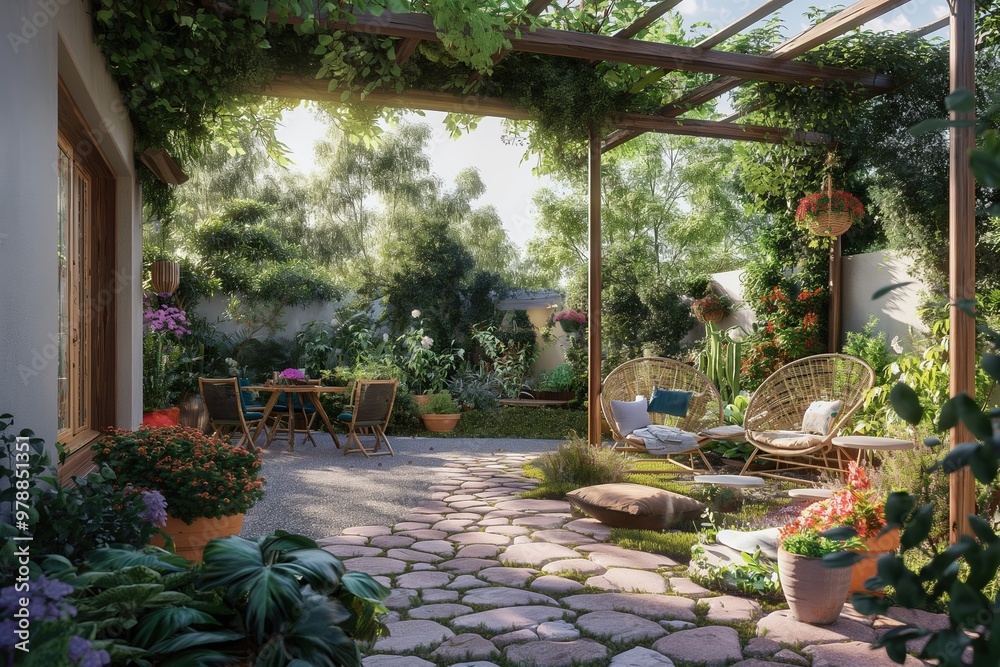 Cozy outdoor patio, wooden furniture, lush greenery, vibrant flowers, relaxed atmosphere, natural setting, garden design, home decor, morning sunlight, cozy outdoor living concept Cozy outdoor patio, wooden furniture, lush greenery, vibrant flowers, relaxed atmosphere, natural setting, garden design, home decor, morning sunlight, cozy outdoor living concept
