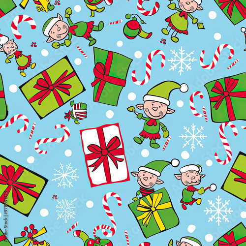 Whimsical Christmas Pattern with Cartoon Elves, Candy Canes, and Gift Boxes on Light Blue